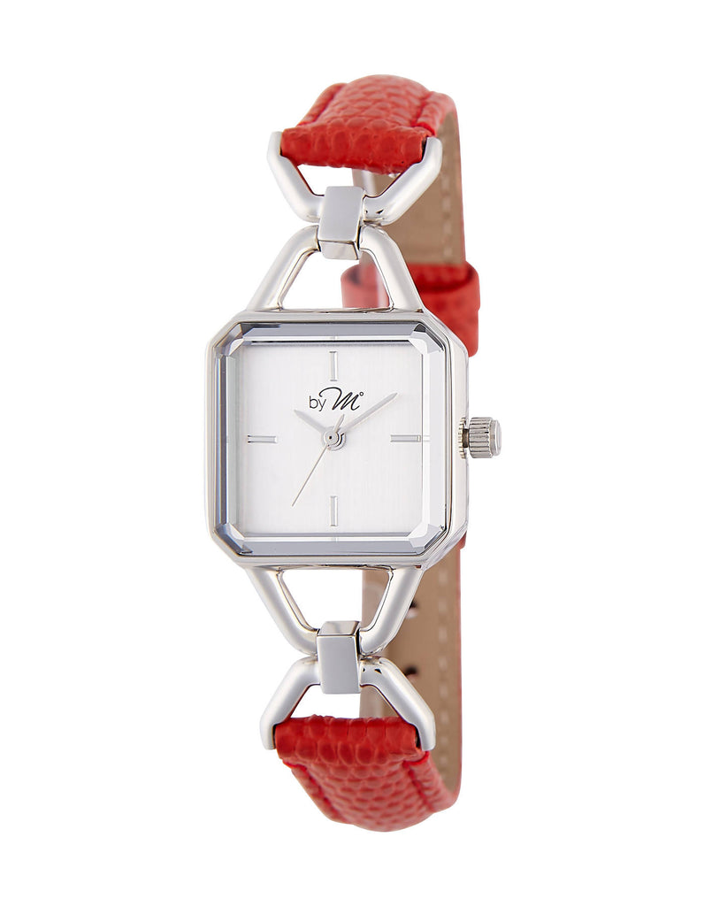 Vintage Design Silver-Tone Watch With Red Leather Strap