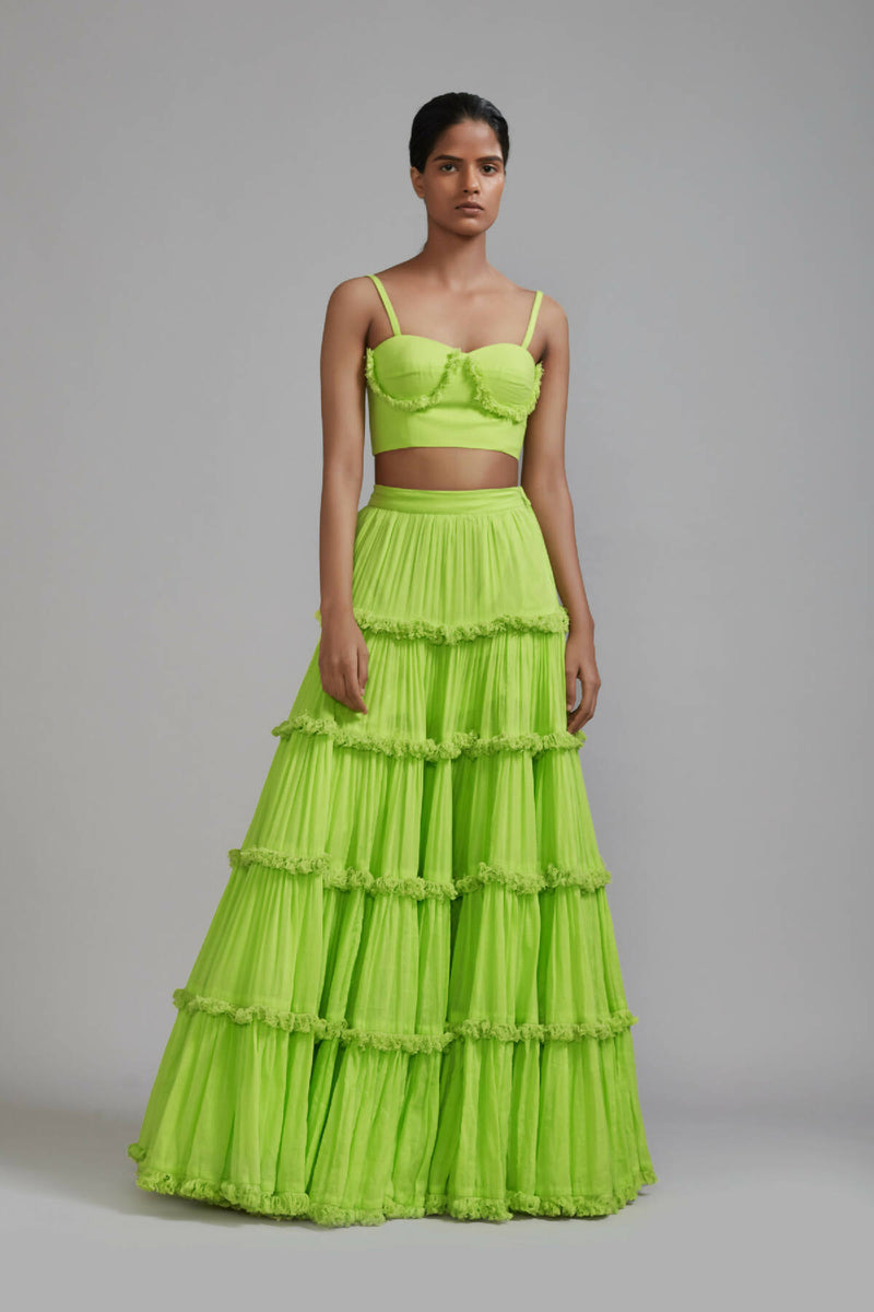 Neon Green Fringed Tiered Lehenga  (1)