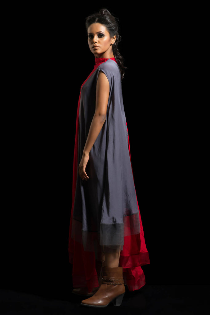 Red & Grey Draped Kurta Dress