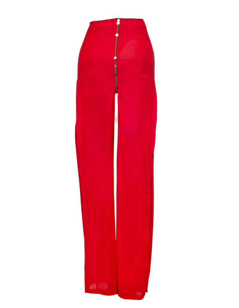 Button Zipper See Through Mesh Split Trousers