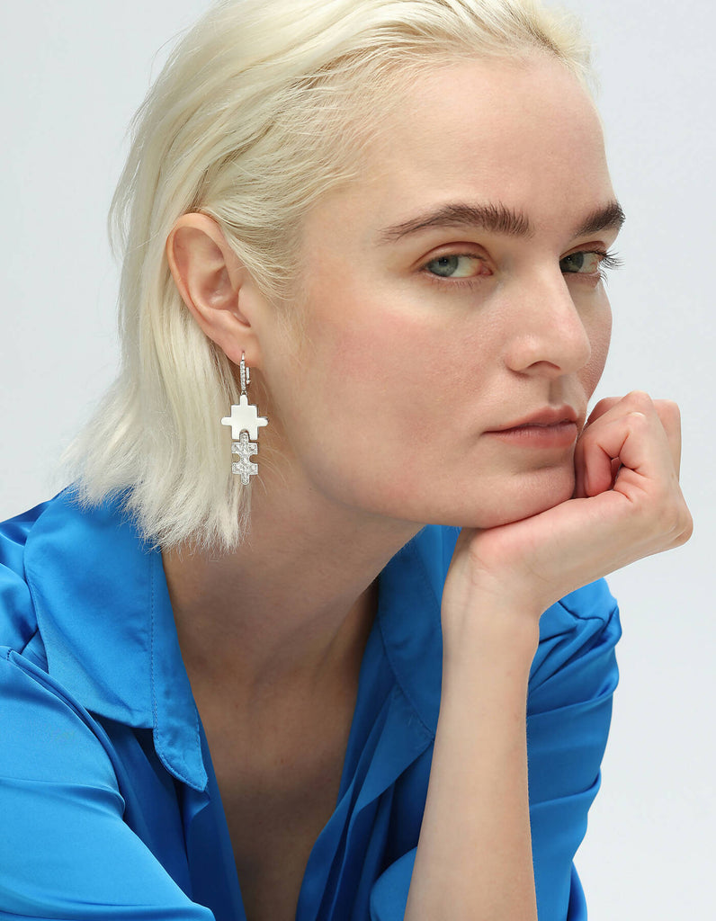 Silver Jigsaw Puzzle Drop Earrings