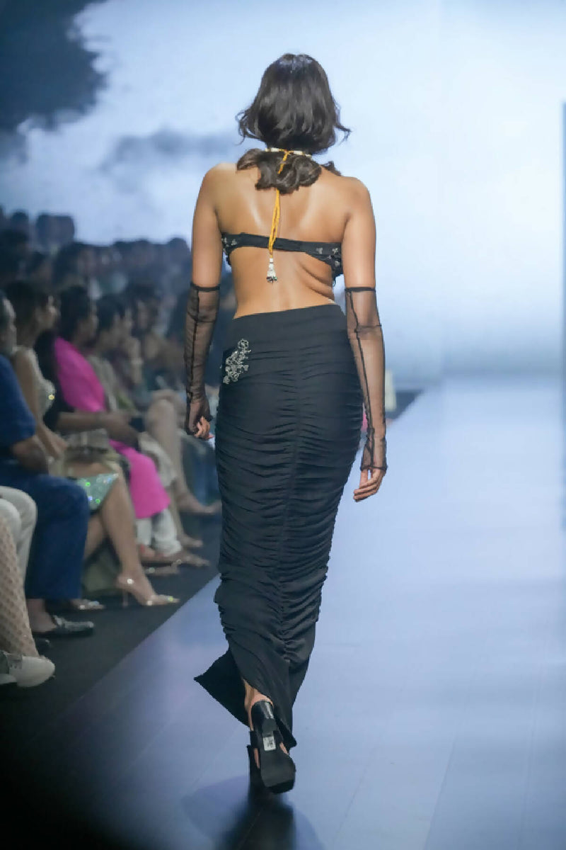 Black Silk Tube Crop Top And Skirt Set