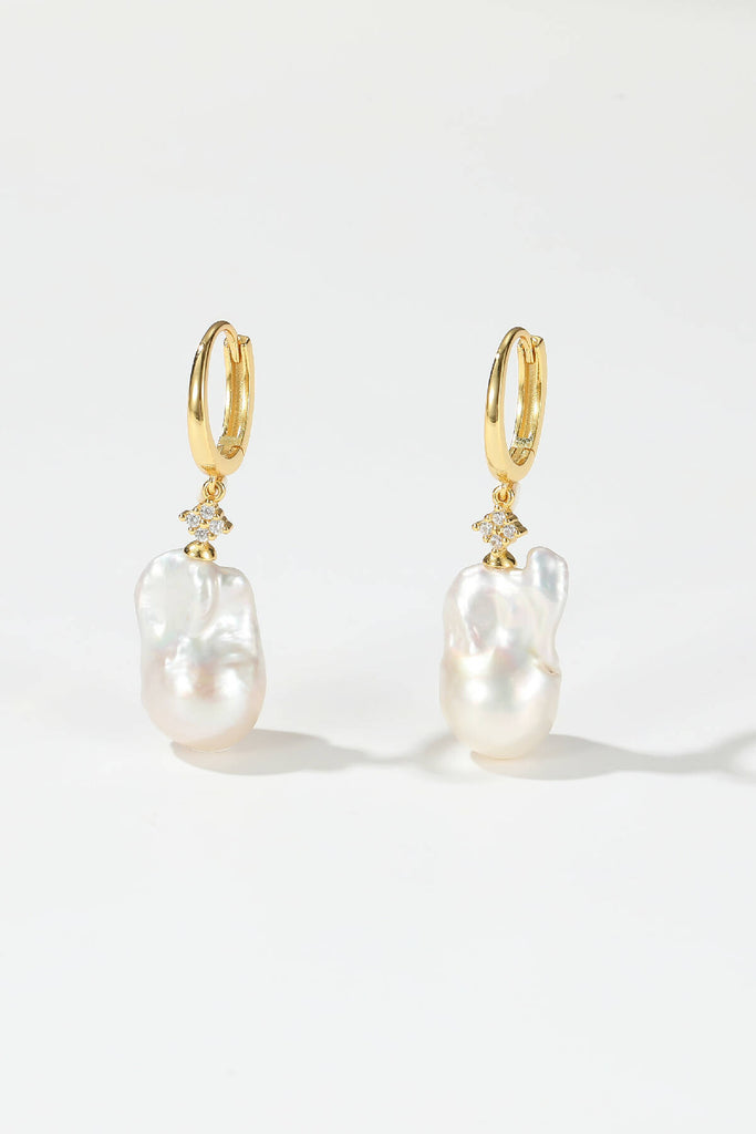 White Baroque Pearl Drop Earrings with Flower Top, Vermeil