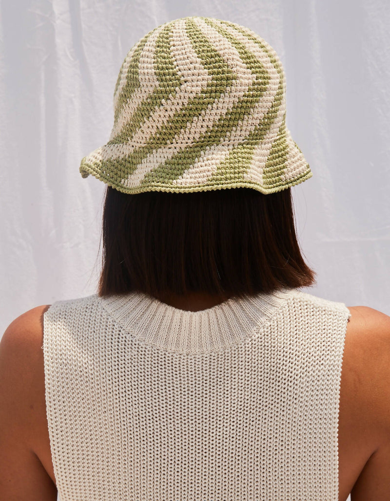 Crochet Knit Bucket Hat - Green & White