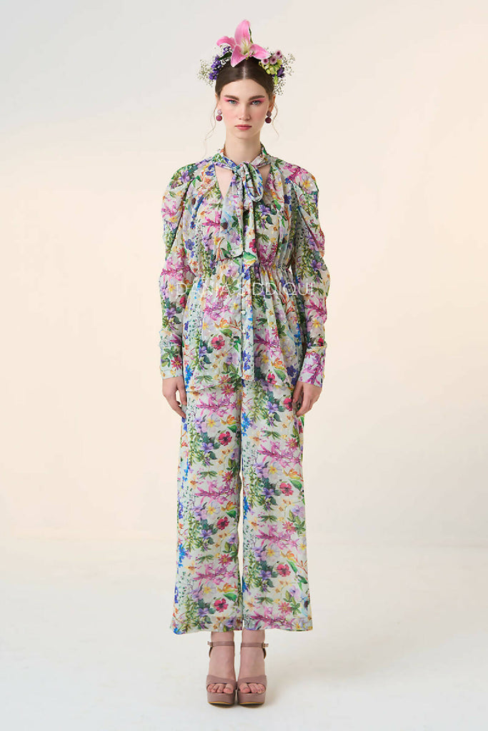 FLORAL TIE GATHERED BLOUSE & STRAIGHT PANTS