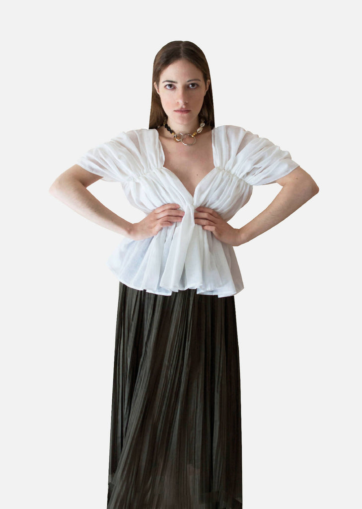 Short Sleeve Tie Pleated Blouse