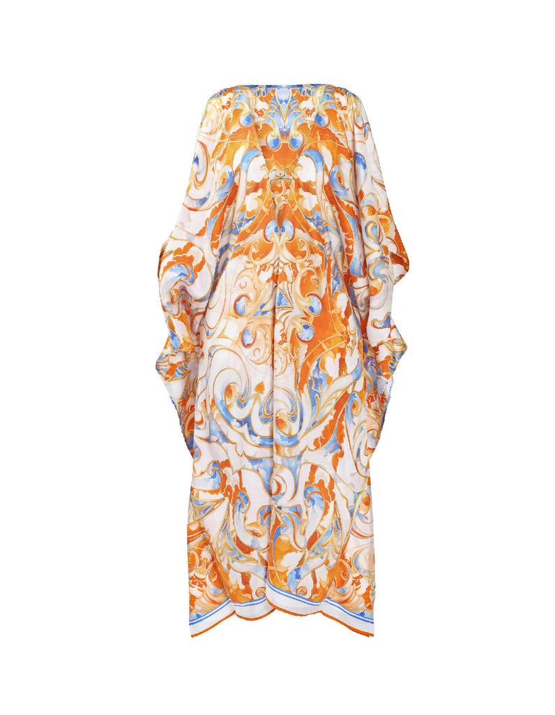 Sun Seeker – Designer Silk Kaftan White, Blue, Orange