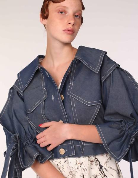 Origami Squarish Sleeves Cotton Linen Denim Jacket