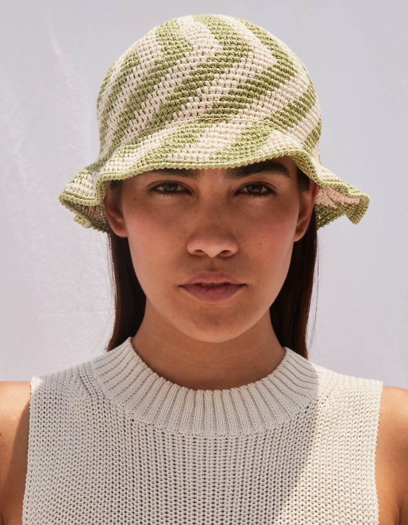 Crochet Knit Bucket Hat - Green & White