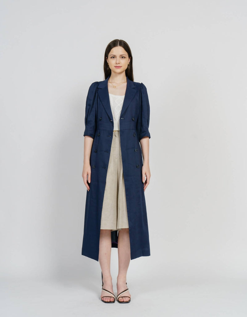 Linen Blending Double-Breasted Midi Dress