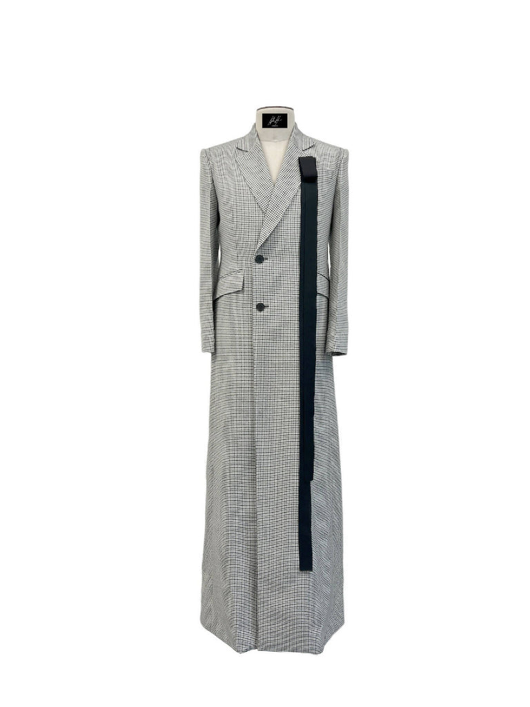 ELONGATED MICRO GINGHAM WOOL DB COAT WITH STRAP