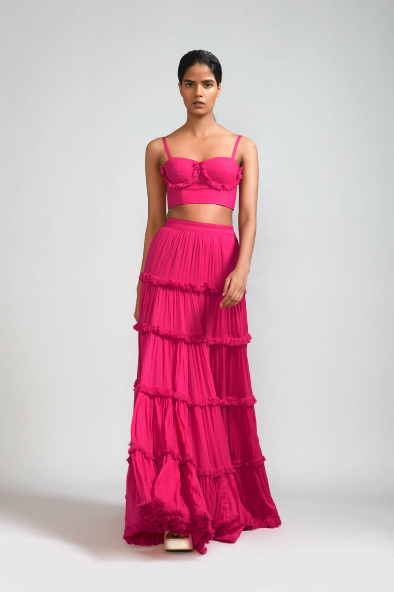 Pink Fringed Tiered Lehenga Set (2 PCS) (2)