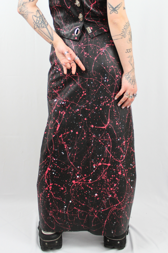 Pink Splatter Long Leather Skirt