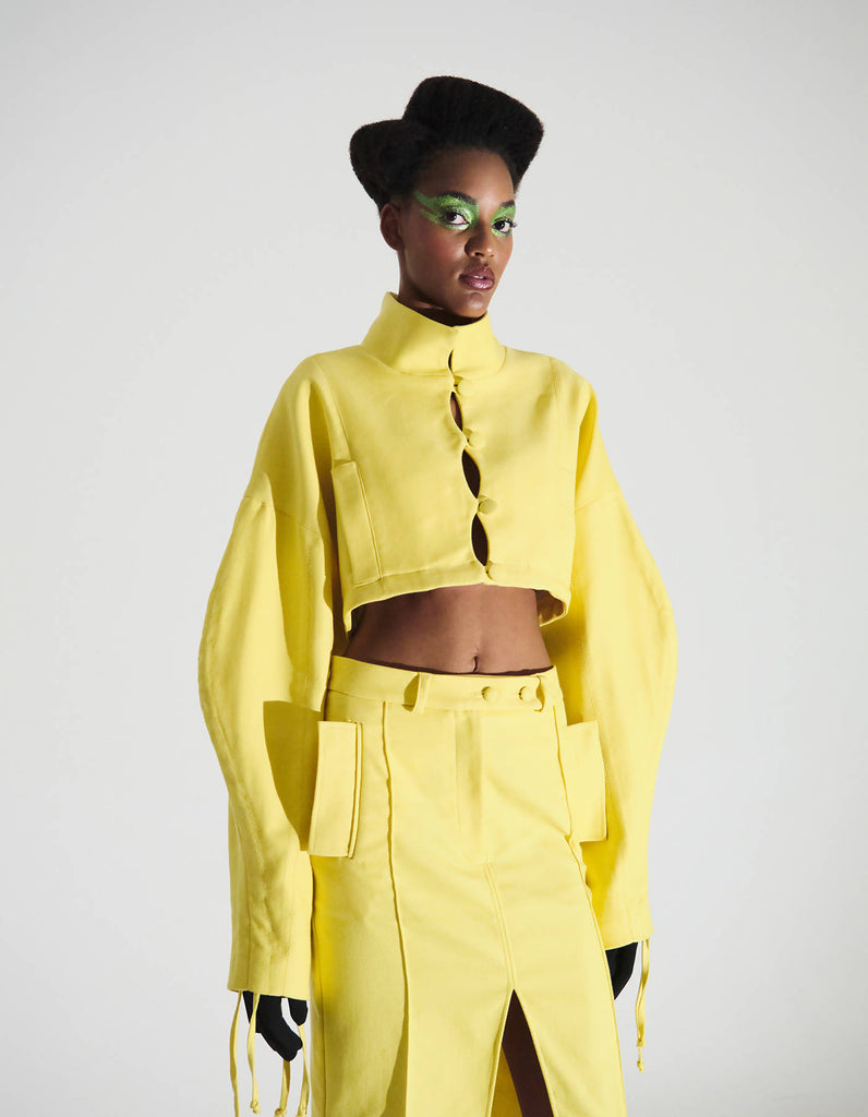 SS22. Yellow Puff-Sleeve Cropped Suit Jacket