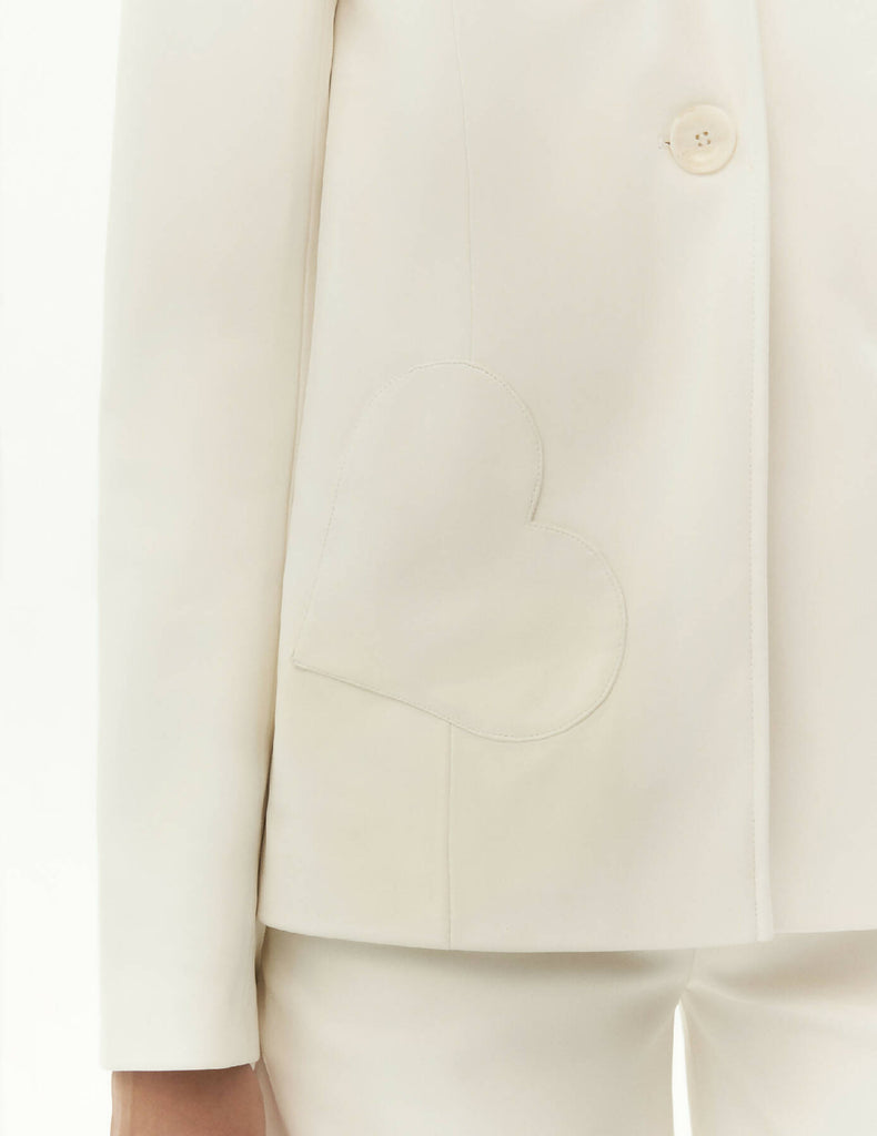 Faux Leather Blazer with Heart Detail — White Color