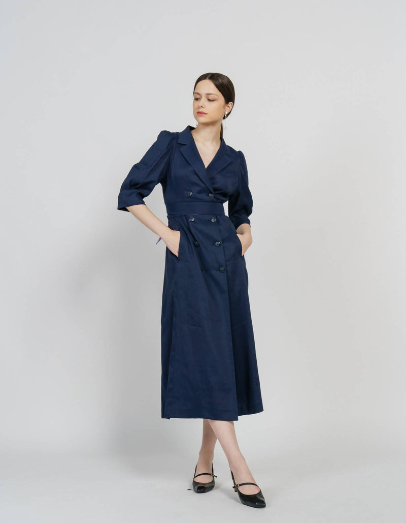 Linen Blending Double-Breasted Midi Dress