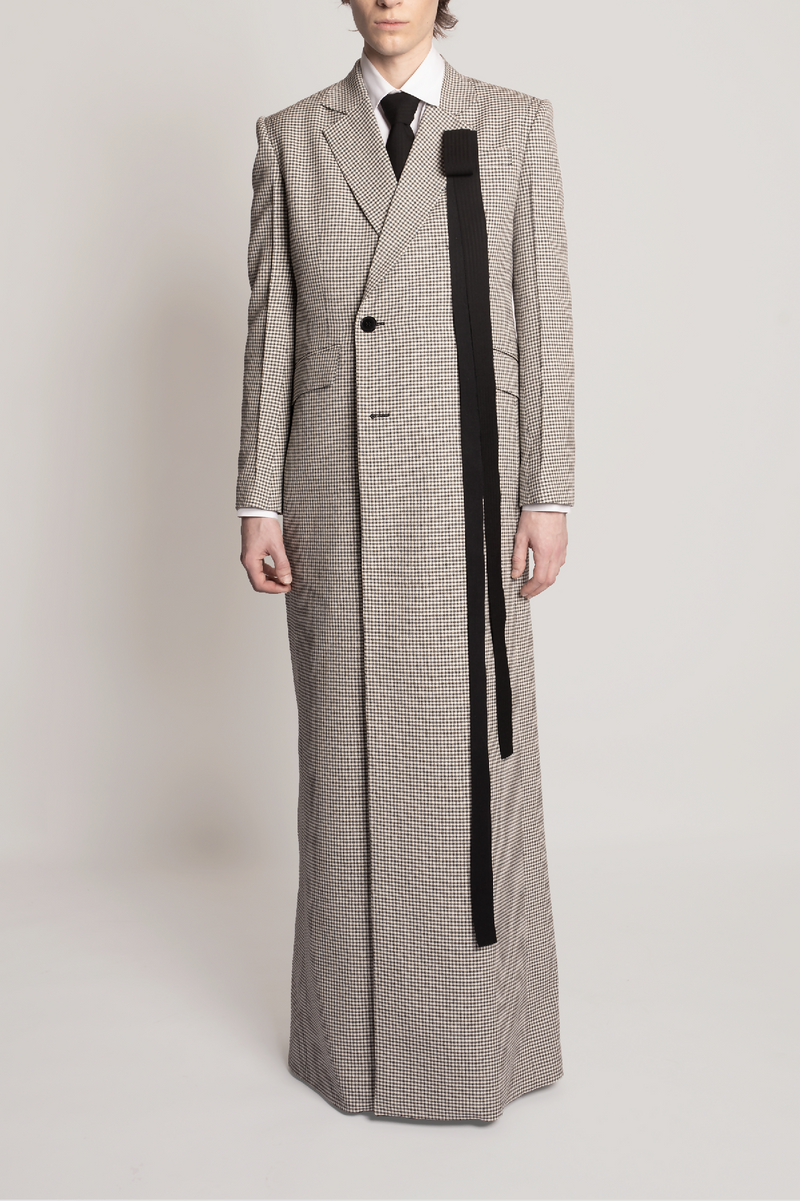 ELONGATED MICRO GINGHAM WOOL DB COAT WITH STRAP