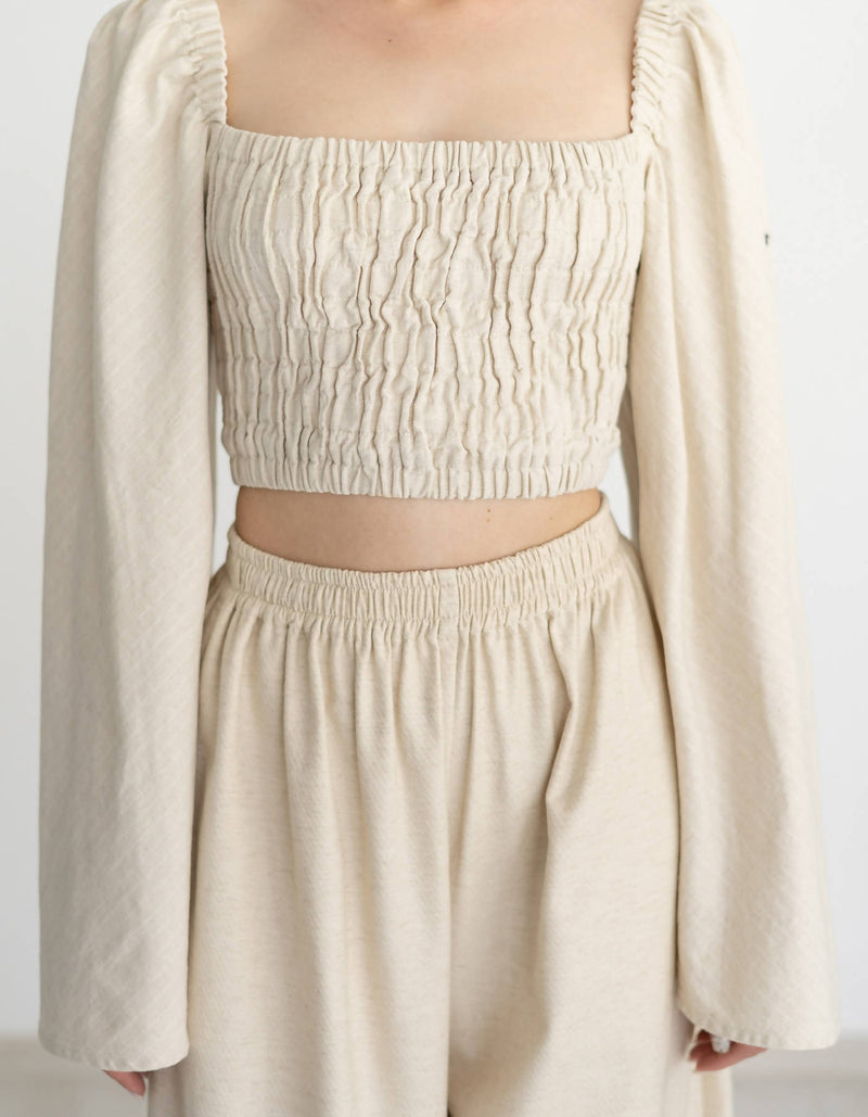 Shirred Linen Buff-Sleeved Top with Lacing