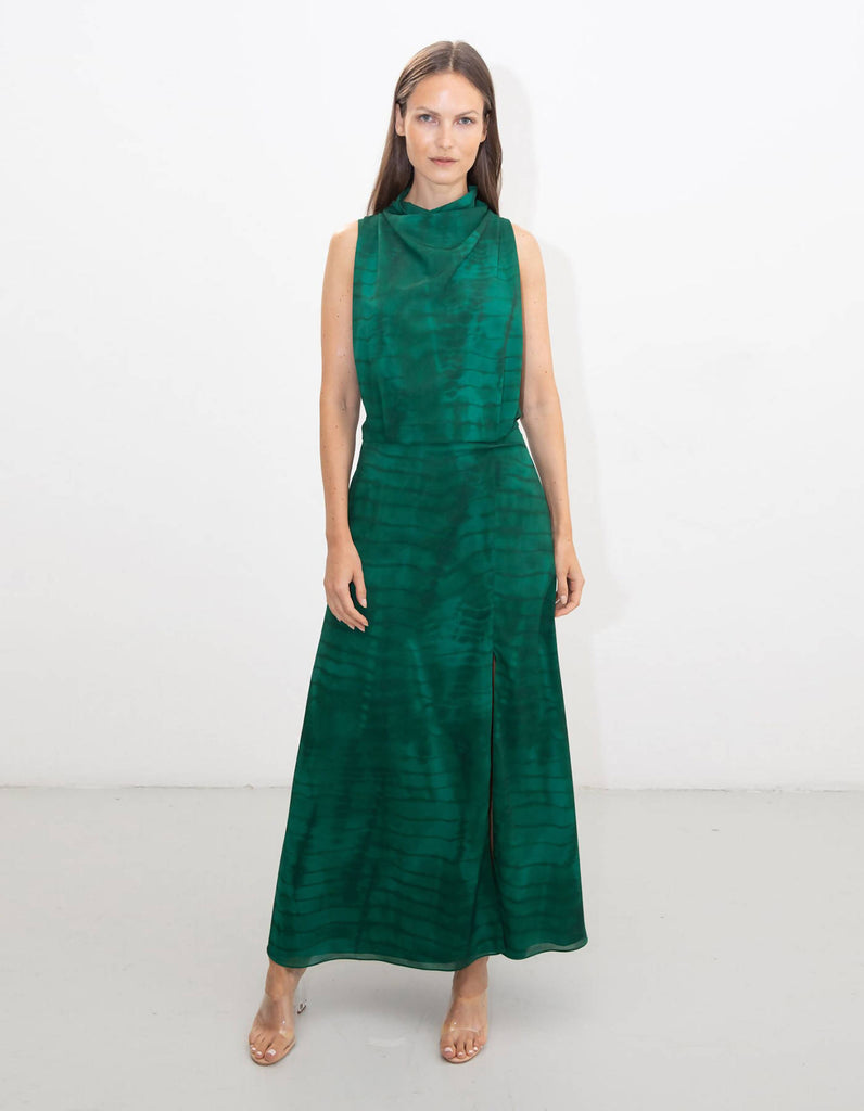 Green Shibori Scarf Halter Dress