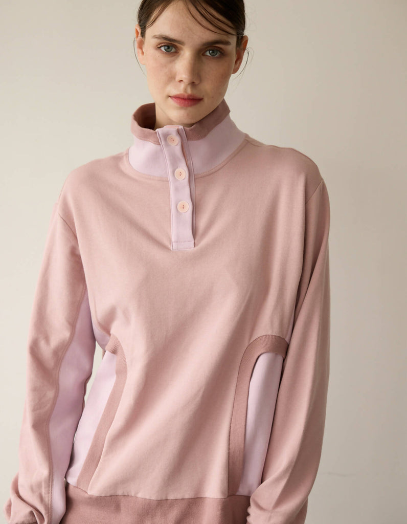 Color Combination Rib Turtle Sweatshirt_Light Shell Pink