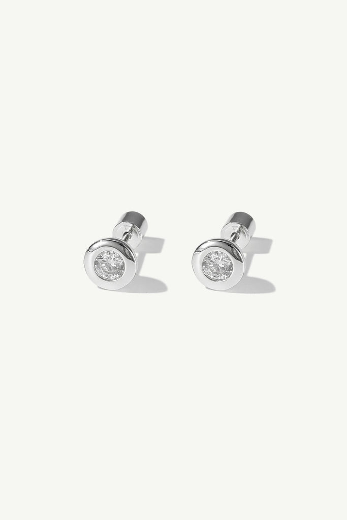 Aurora Silver Bezel Set White Clear Solitaire Stud Earrings