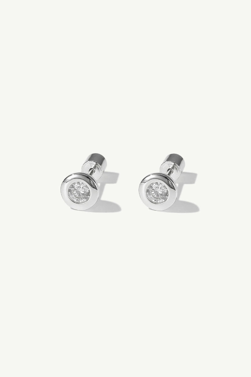 Aurora Silver Bezel Set White Clear Solitaire Stud Earrings