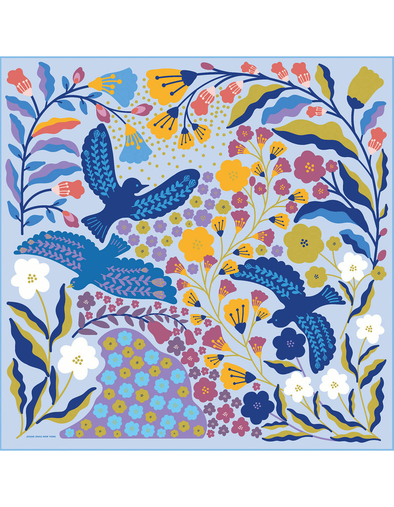 Double Sided Silk Scarf of Blue Birds