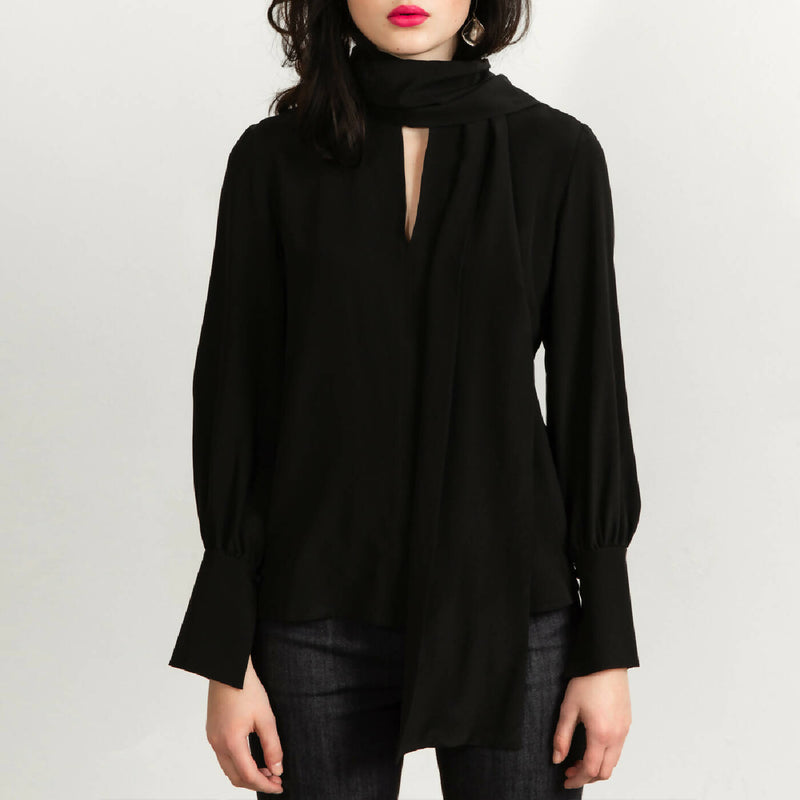 Silk Bow Tie Blouse Black