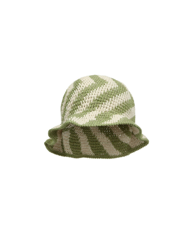 Crochet Knit Bucket Hat - Green & White