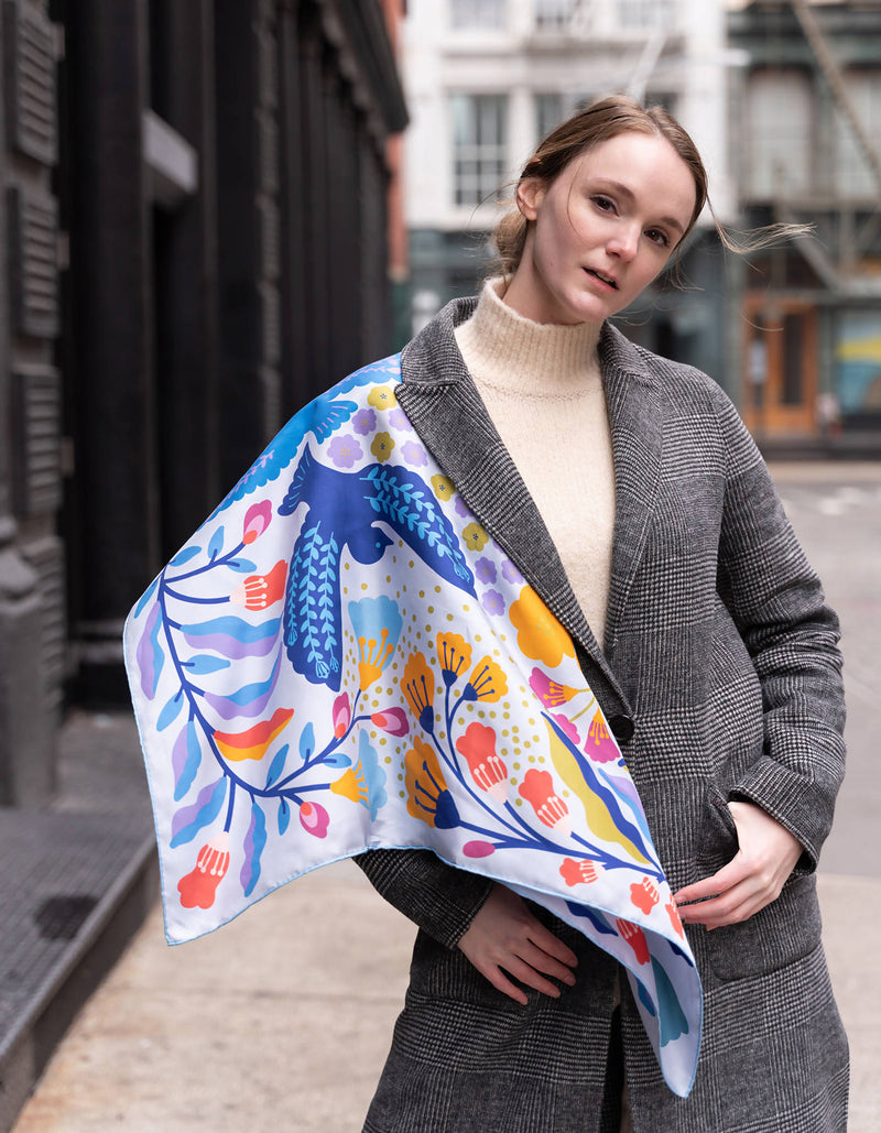 Double Sided Silk Scarf of Blue Birds